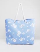 South Beach Blue Beach Bag With White Flower Print - Multi