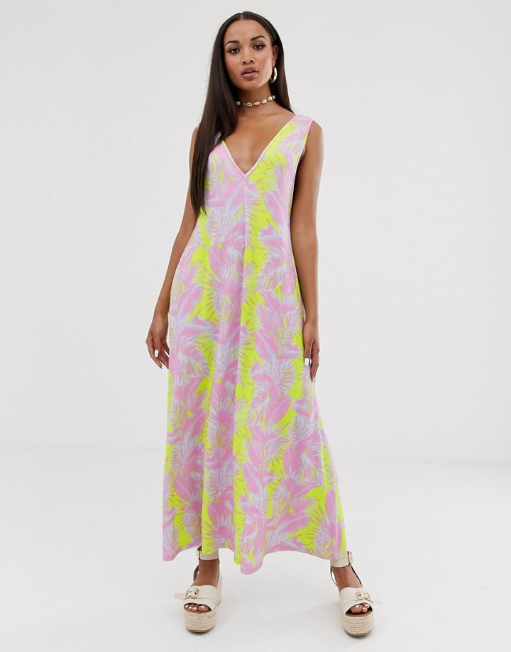 Asos Design Trapeze Maxi Dress In Pink Tie Dye Print - Multi
