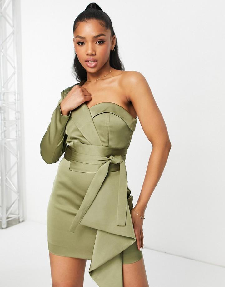 Lavish Alice Satin Mini Blazer Dress With Waist Belt In Khaki-green