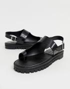 Asos Design Freeze Leather Chunky Toe Loop Flat Sandals - Black