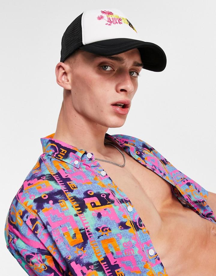 Asos Design Trucker Cap In Monochrome With Text Print-multi