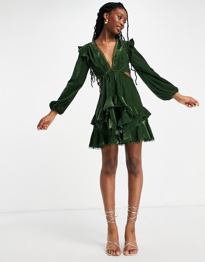 Asos Design Velvet Mini Dress With Circle Trim In Olive-green