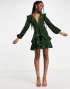 Asos Design Velvet Mini Dress With Circle Trim In Olive-green