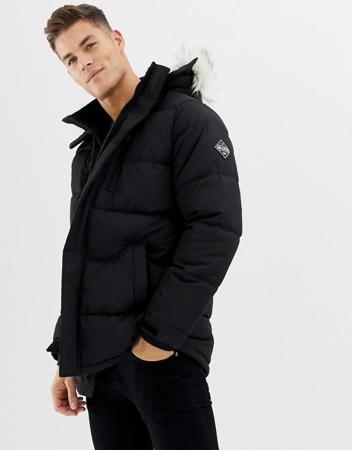 Hollister Hooded Puffer Parka Jacket Faux Fur Trim In Black - Black