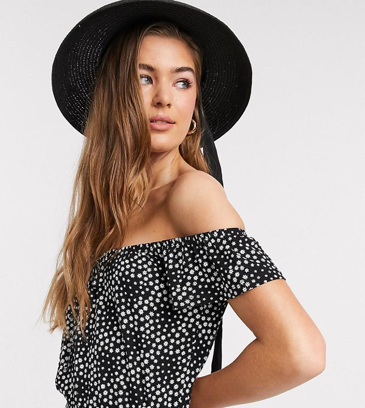 Asos Design Tall Mini Bardot Sundress With Ruffle Hem In Floral Print-black