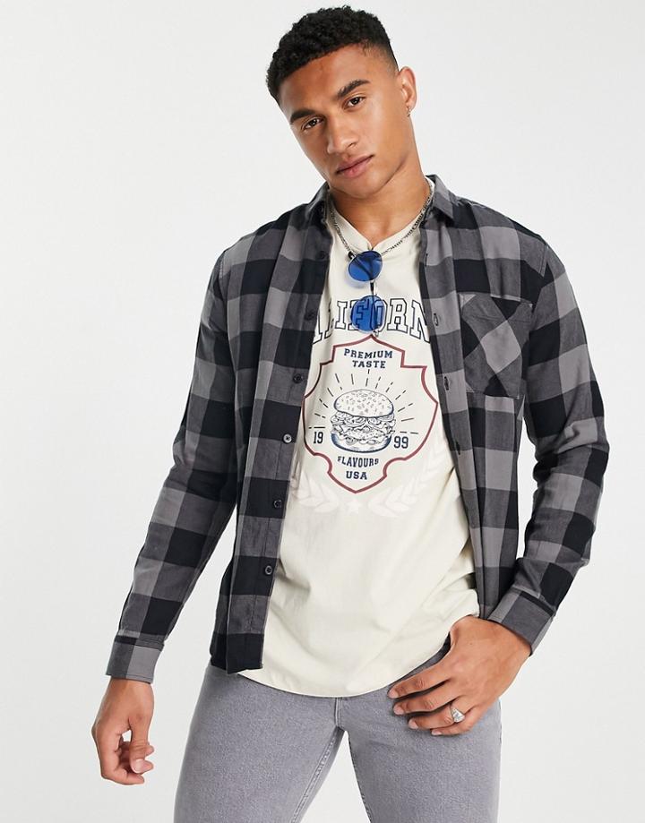 New Look Long Sleeve Buffalo Checked Shirt In Gray
