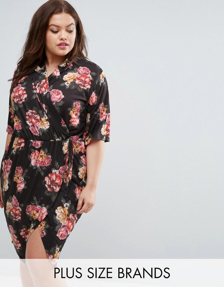 Pink Clove Floral Print Wrap Dress With Collar - Multi