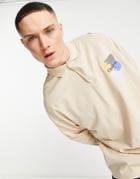 Asos Design Oversized Polo Shirt In Washed Beige With Chest Print-neutral