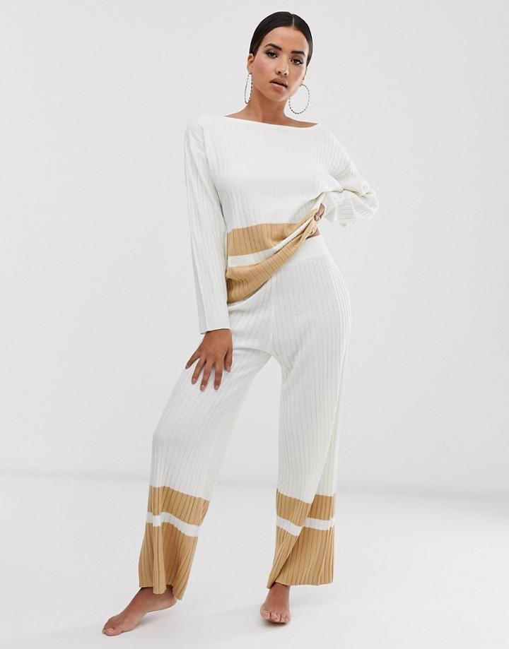 Asos Design Lounge Knitted Wide Leg Pants With Stripe Hem-white
