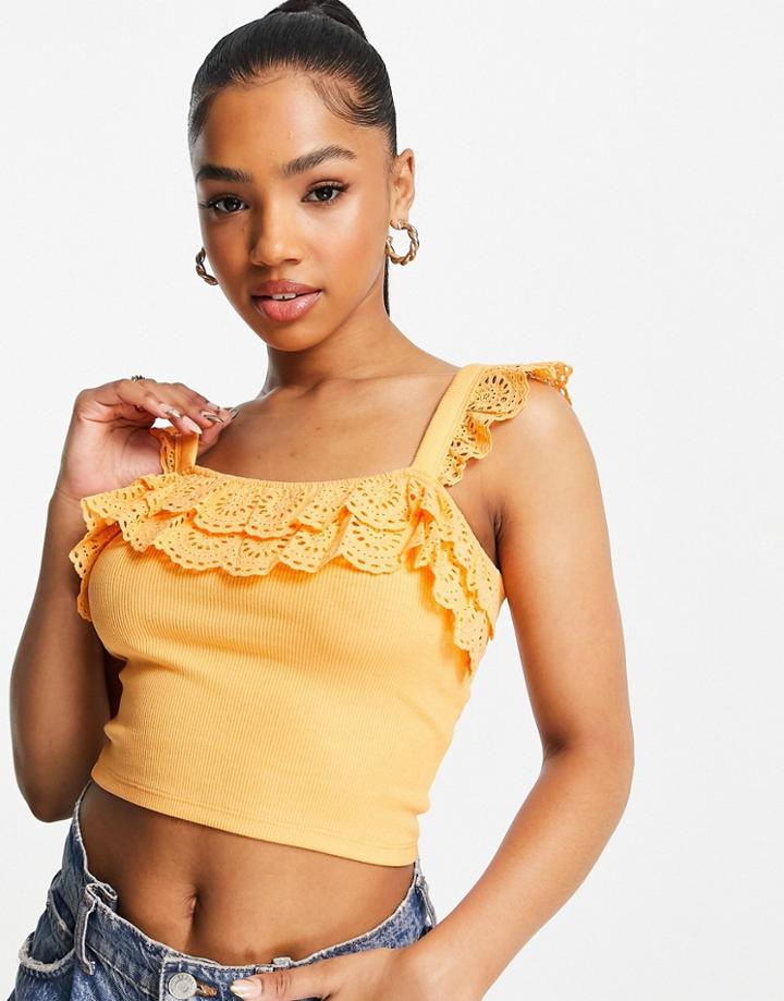 Miss Selfridge Sleeveless Eyelet Frill Crop Top In Orange