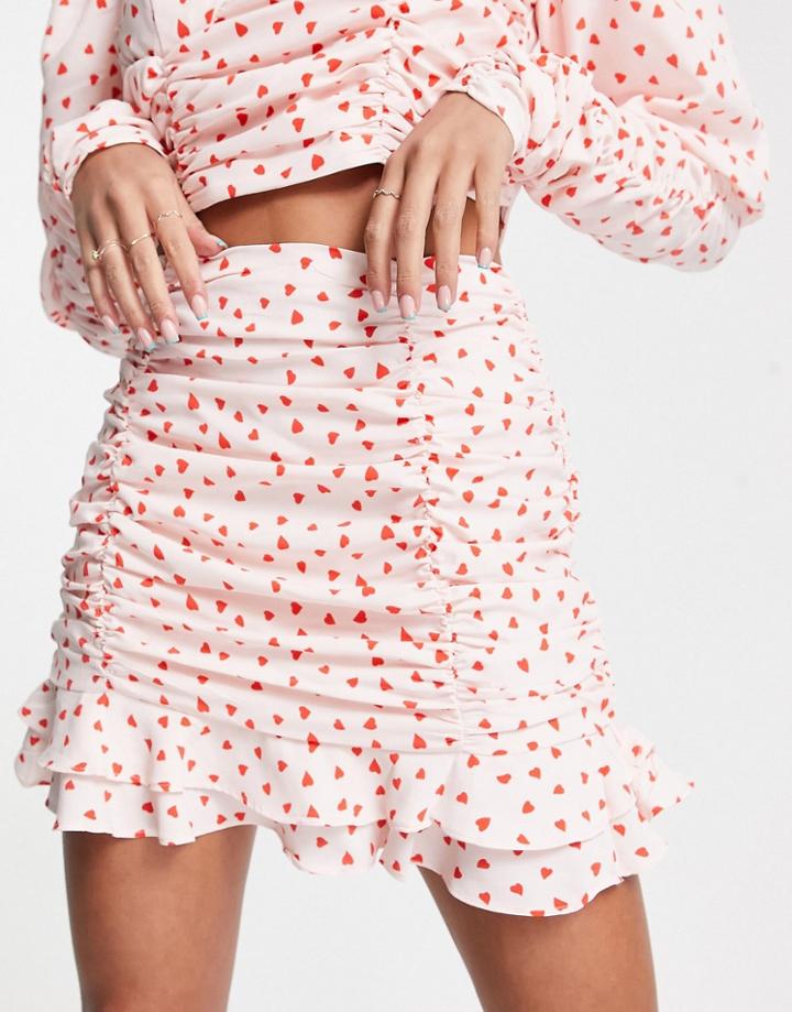 Collective The Label Exclusive Ruched Frill Mini Skirt In Heart Print - Part Of A Set-white