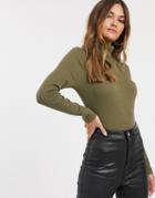 River Island Long Sleeved Roll Neck Top In Khaki-green