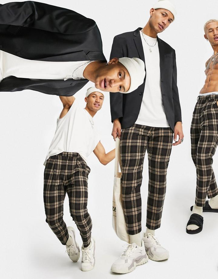 Asos Design Tapered Wool Mix Smart Pants In Oversized Check-grey
