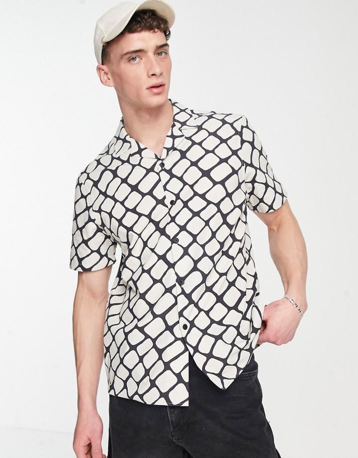 Topman Revere Cotton Shirt In Monochrome Scale Print-white