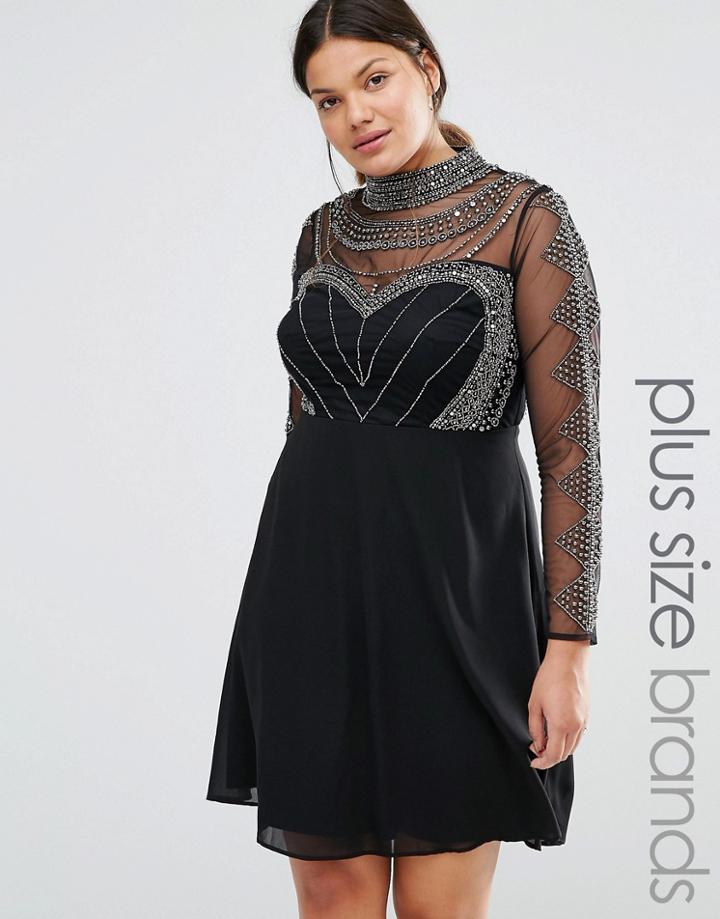 Lovedrobe Long Sleeve High Neck Mini Dress With Embellished Bodice And Sleeves - Black