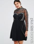 Lovedrobe Long Sleeve High Neck Mini Dress With Embellished Bodice And Sleeves - Black