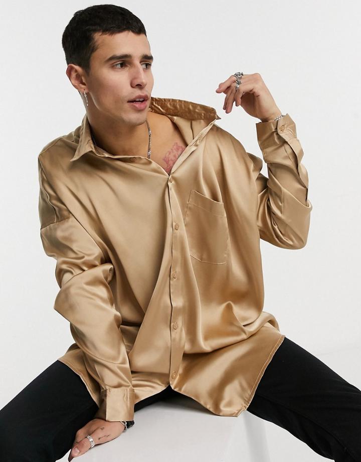 Asos Design Oversized Satin Shirt In Brown
