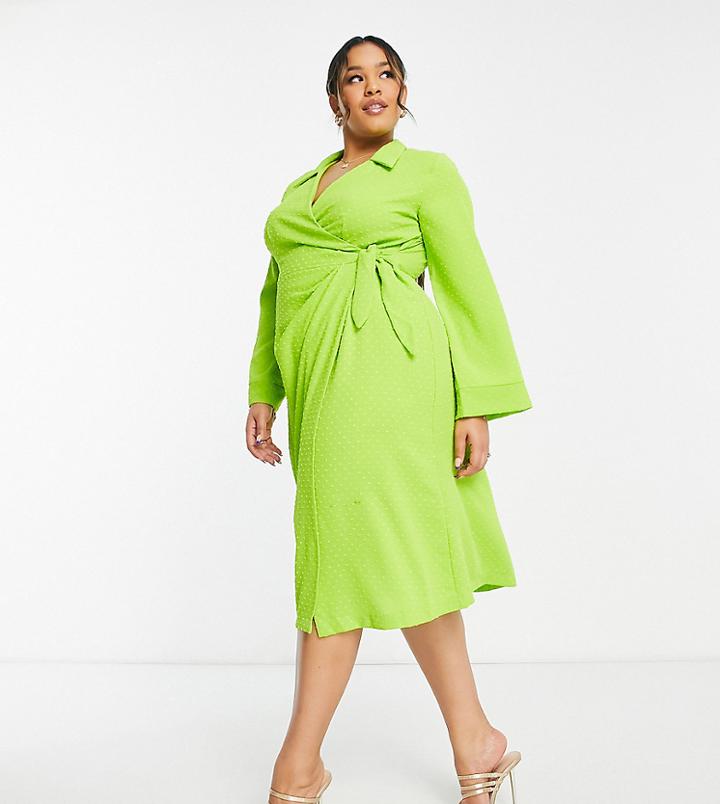 Closet London Plus Wrap Shirt Midi Dress In Lime-green