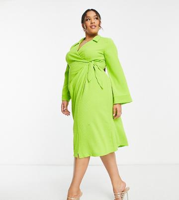 Closet London Plus Wrap Shirt Midi Dress In Lime-green