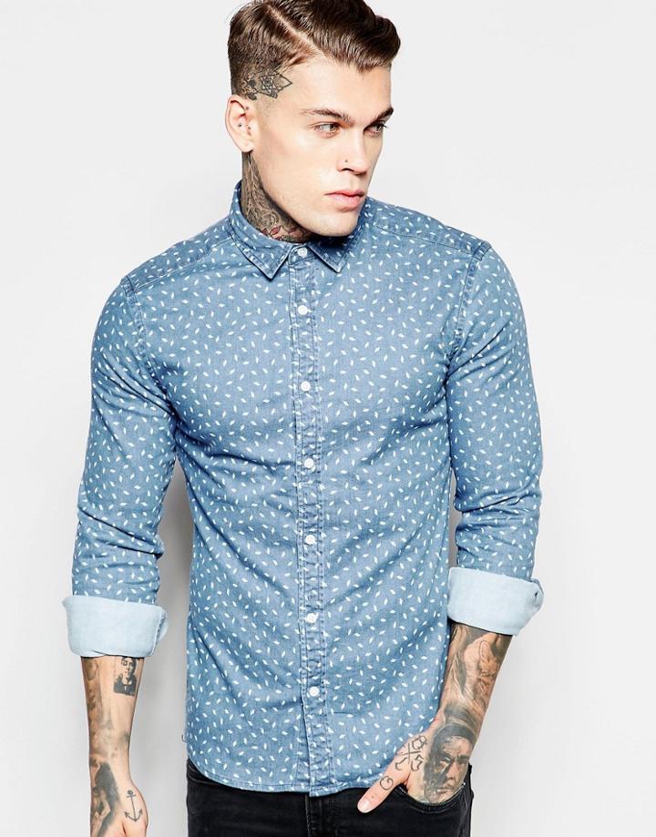 Asos Skinny Shirt In Ditsy Print With Long Sleeves - Blue