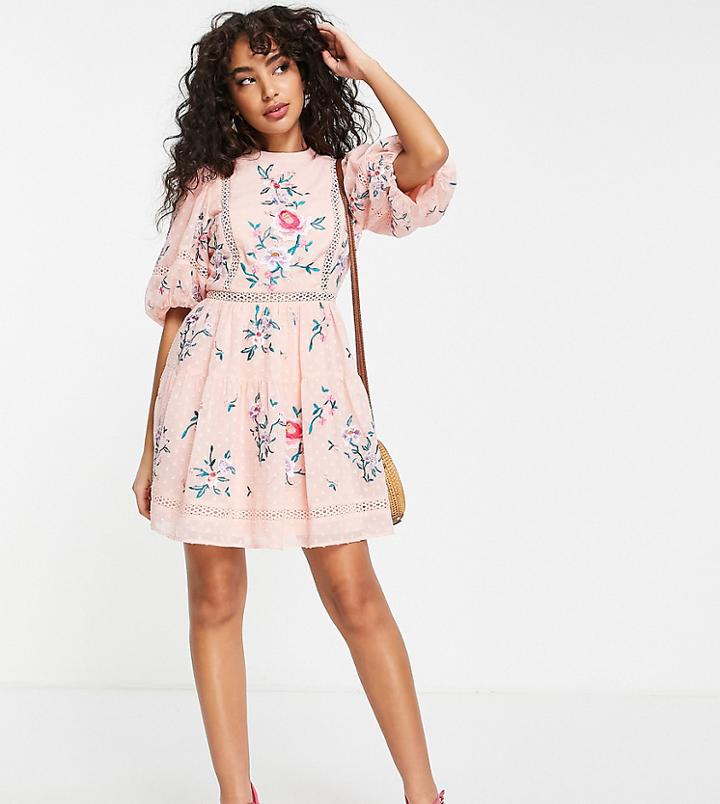 Asos Design Petite High Neck Textured Embroidered Mini Dress With Lace Trims In Pink