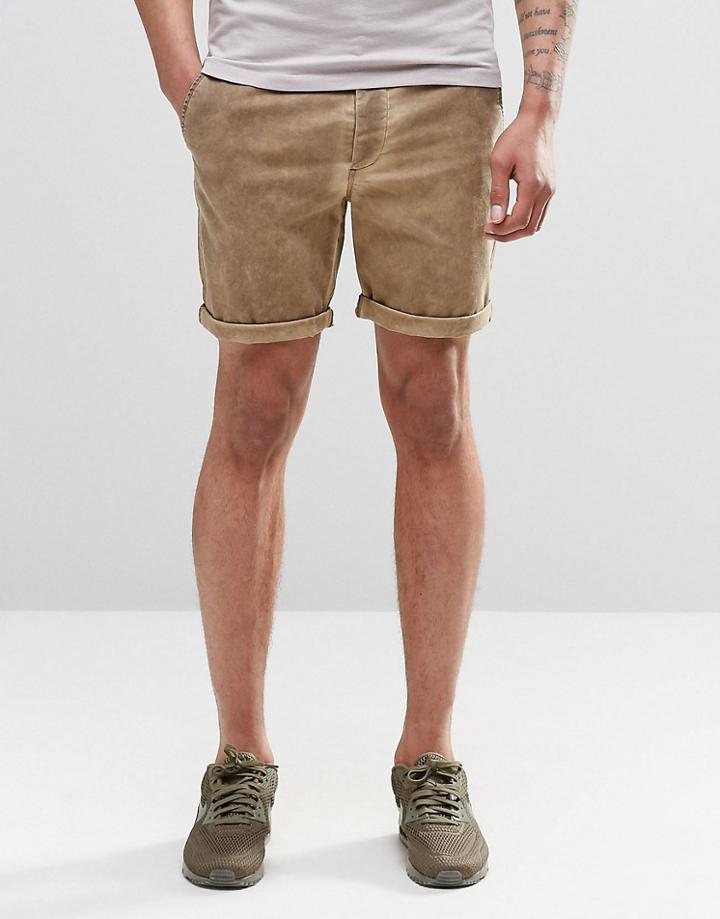 Asos Slim Chino Shorts In Khaki With Oil Wash - Ermine