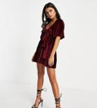 Asos Design Petite Puff Sleeve Velvet Wrap Pleat Mini Dress In Oxblood-red