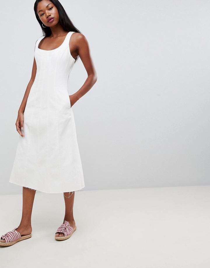 Asos Design Denim Midi Dress In White With Seam Detail - White