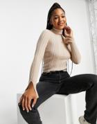 Miss Selfridge Camel Irregular Rib Knit Roll Neck Split Sleeve Sweater-neutral