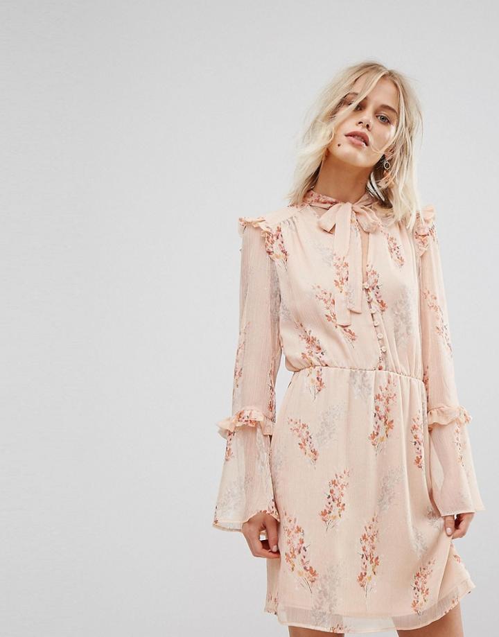 Mango Light Floral Tie Neck Tea Dress - Multi