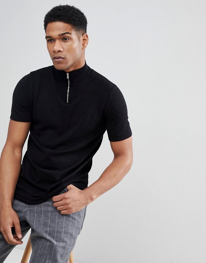 Asos Design Knitted Half Zip T-shirt In Black - Black