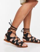 Asra Savannah Flat Sandals With Ankle Tie In Black