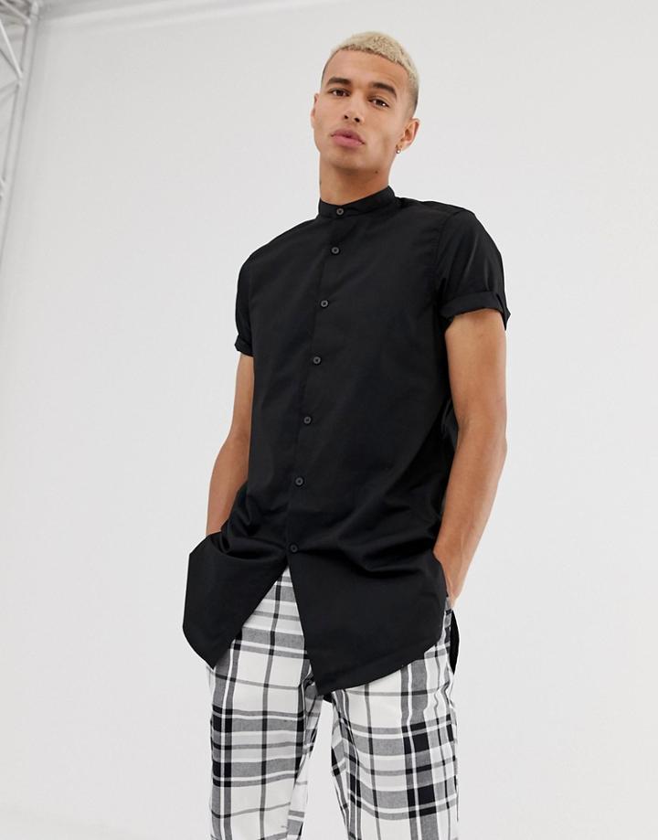 Asos Design Regular Fit Super Longline Shirt With Grandad Collar In Black