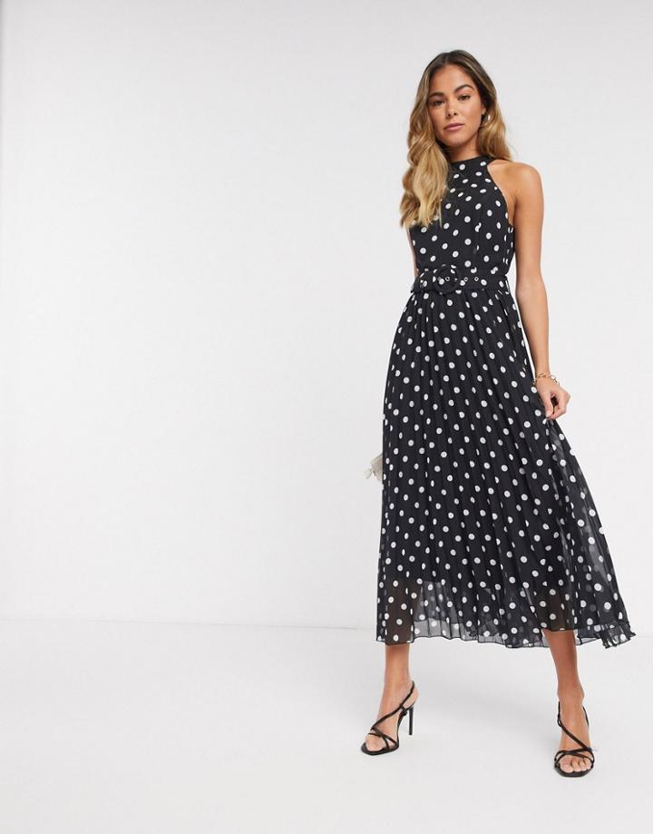 Style Cheat Halterneck Pleated Midaxi Dress With Belt In Contrast Polka-black