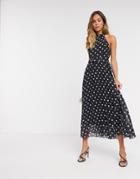 Style Cheat Halterneck Pleated Midaxi Dress With Belt In Contrast Polka-black