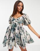 Asos Design Pleat Detail Mini Dress In Textured Voile In Dark Floral-multi
