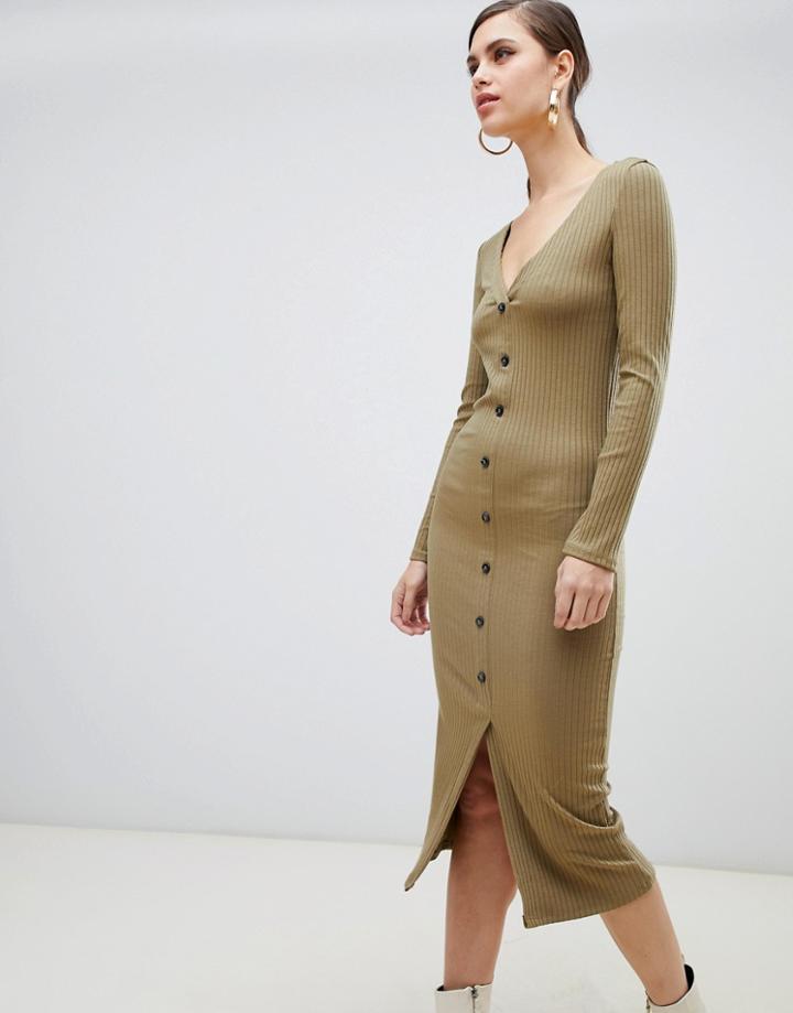 River Island Button Through Midi Dress In Khaki-green