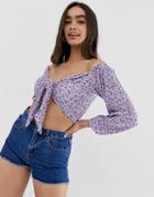 Asos Design Bardot Top With Tie Front In Ditsy Floral Print Plisse - Multi