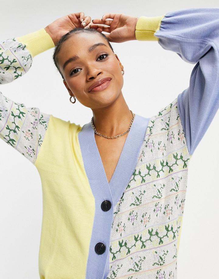 Lost Ink Oversized Cardigan In Panelled Floral Knit-multi