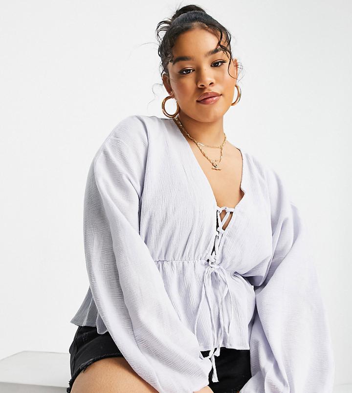 Asos Design Curve Natural Crinkle Lace Up Front Top In Light Blue-black