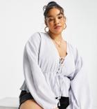 Asos Design Curve Natural Crinkle Lace Up Front Top In Light Blue-black