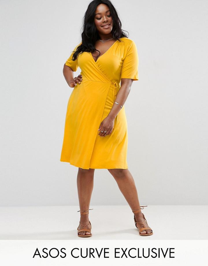 Asos Curve Wrap Midi Tea Dress With Ruched Shoulder - Yellow