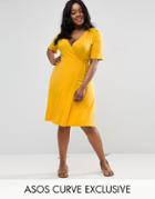 Asos Curve Wrap Midi Tea Dress With Ruched Shoulder - Yellow