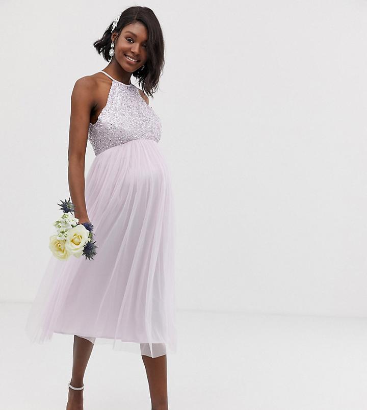 Maya Maternity Bridesmaid Halter Neck Midi Tulle Dress With Tonal Delicate Sequins In Soft Lilac-purple