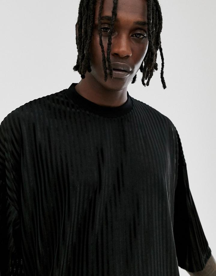 Asos Design Oversized T-shirt With Half Sleeve In Ribbed Velour In Black