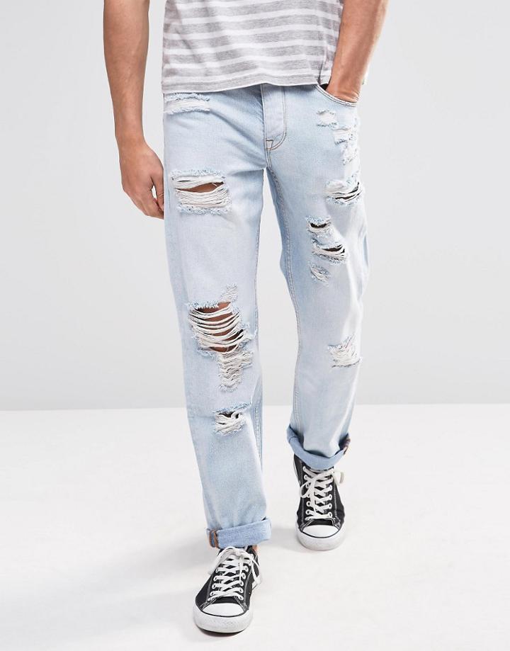 Asos Straight Jeans With Rips In Light Blue - Bleach Blue