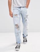 Asos Straight Jeans With Rips In Light Blue - Bleach Blue