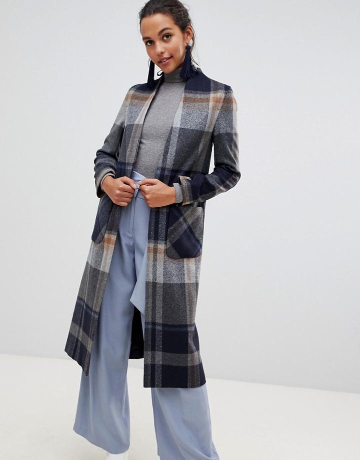 Helene Berman Windowpane Check Swing Coat In Wool Blend - Navy
