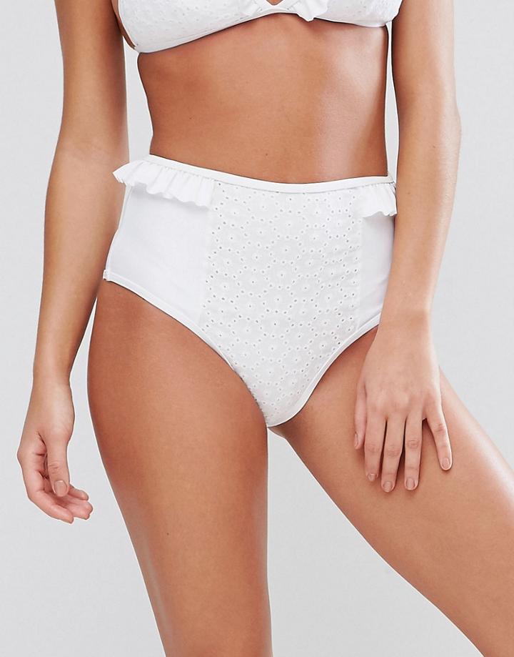 Lost Ink Broderie Frill High Waist Bikini Bottom - White