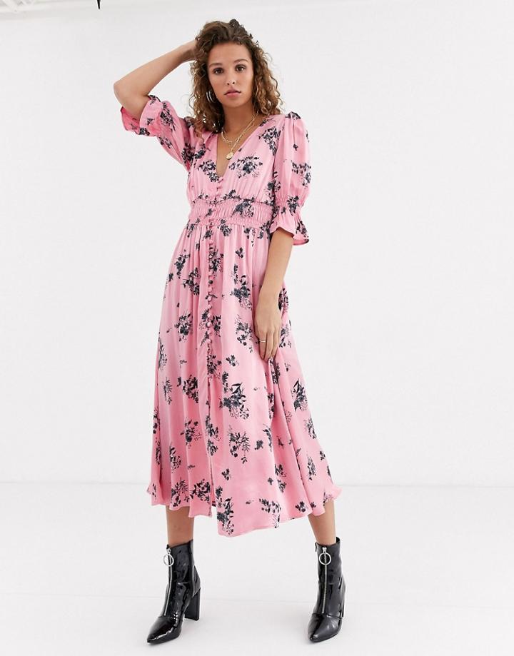 Ghost Anna Printed Satin Midi Dress-pink